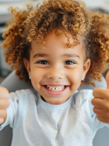 Happy child in dental treatment chair, giving two thumbs up